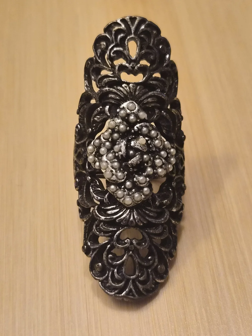 ​Vintage Gothic Filigree Armor Ring Faux Pearl Accent Silver Tone Adjustable